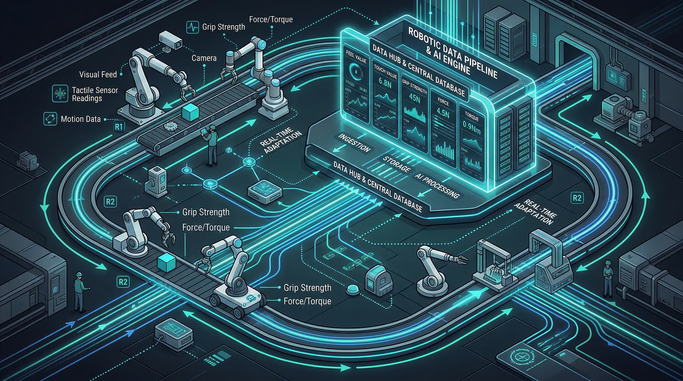 Robotic data pipeline showing the continuous collection, labeling, and retraining loop