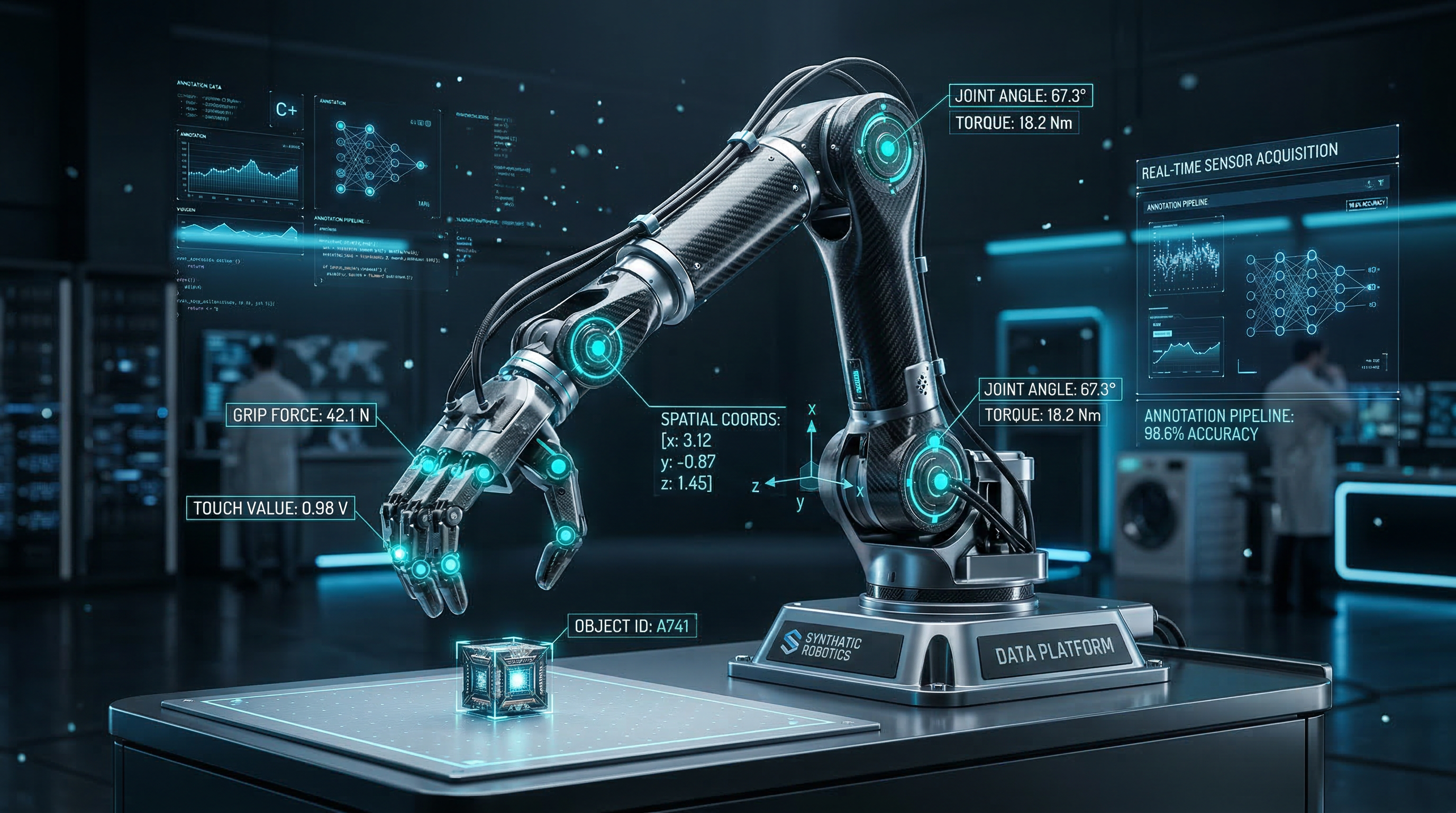 Robotic arm with data annotation overlays showing touch value, grip force, torque, and spatial coordinates